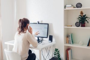 Work From Home During Coromavirus Pandemic. Woman Stays Home. Wo